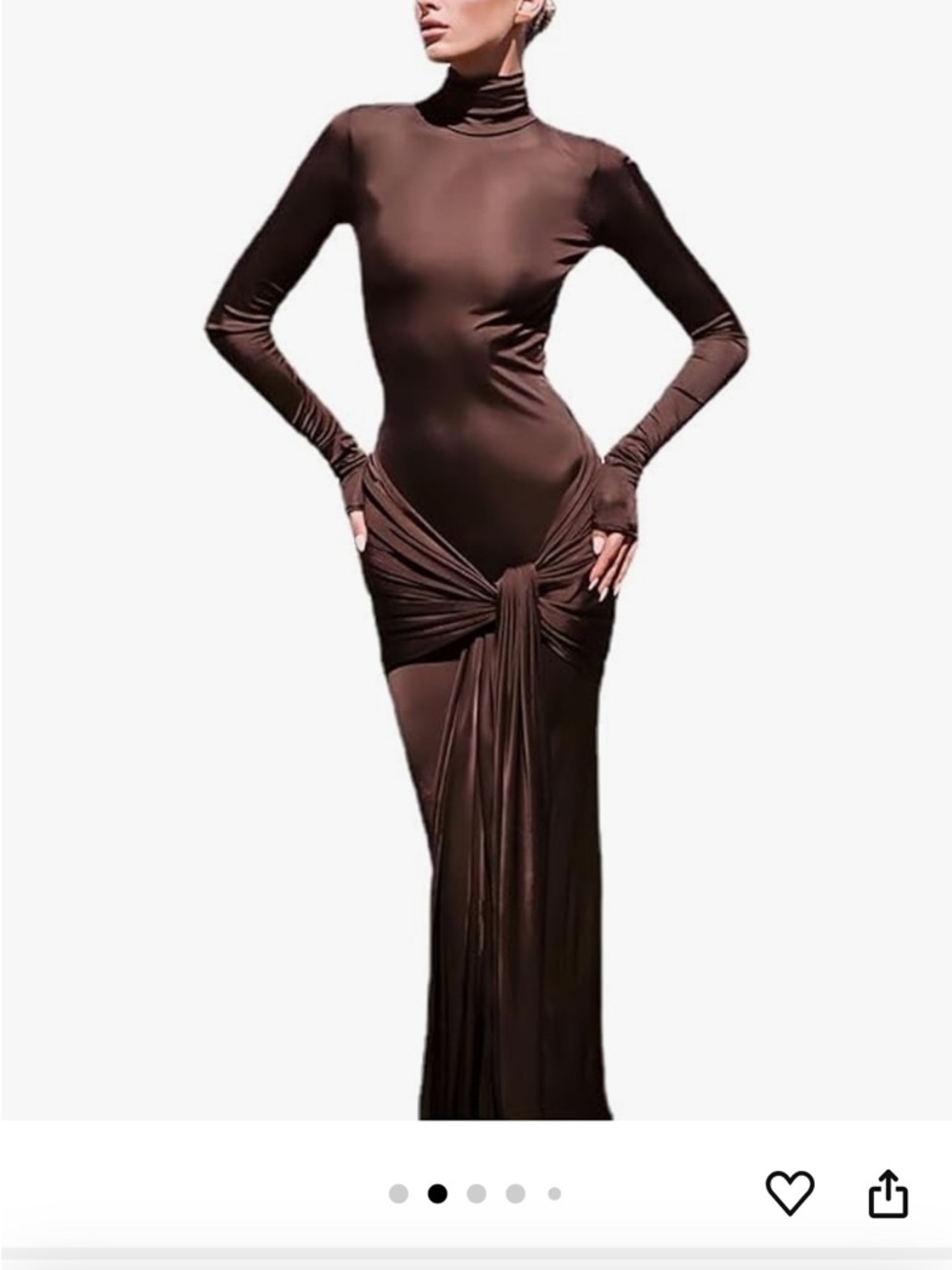 Brown Turtleneck Long-Sleeve Maxi Dress with Front Knot Detail